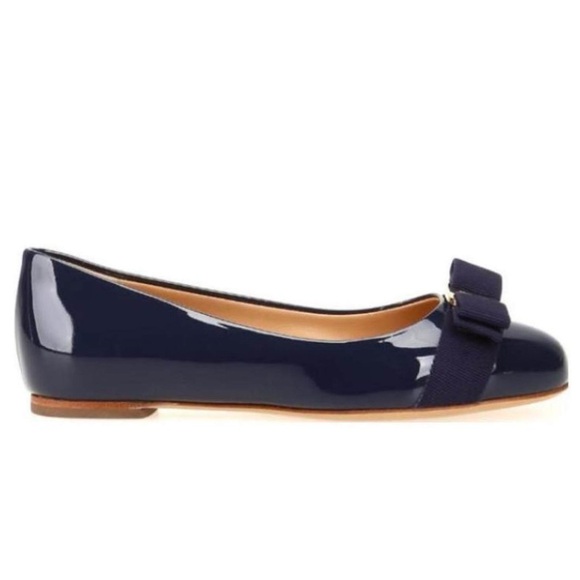 Salvatore Ferragamo Varina Blue Patent Leather Grosgrain Bow Ballet Flats Sz 6.5 - Picture 1 of 13